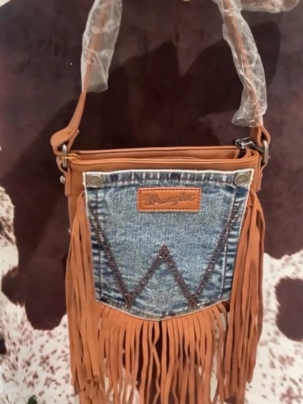 Wrangler Brown Faux-Leather Crossbody with Denim Front Pocket and Fringe